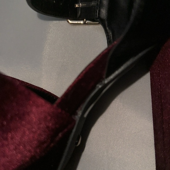 Not Worn Burgundy Velvet Cross Open Platform Heels ankle buckle. - Picture 8 of 8